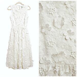 NWT Aureta. Selma White Lace 3D Floral Applique Cut-Out Midi Dress $450 Small